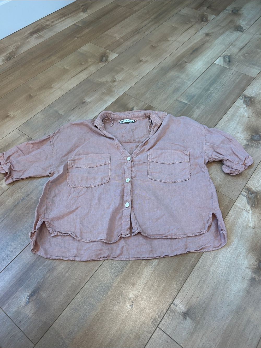 Zara Blush Pink Linen-Blend Button Front Pocket Shirt